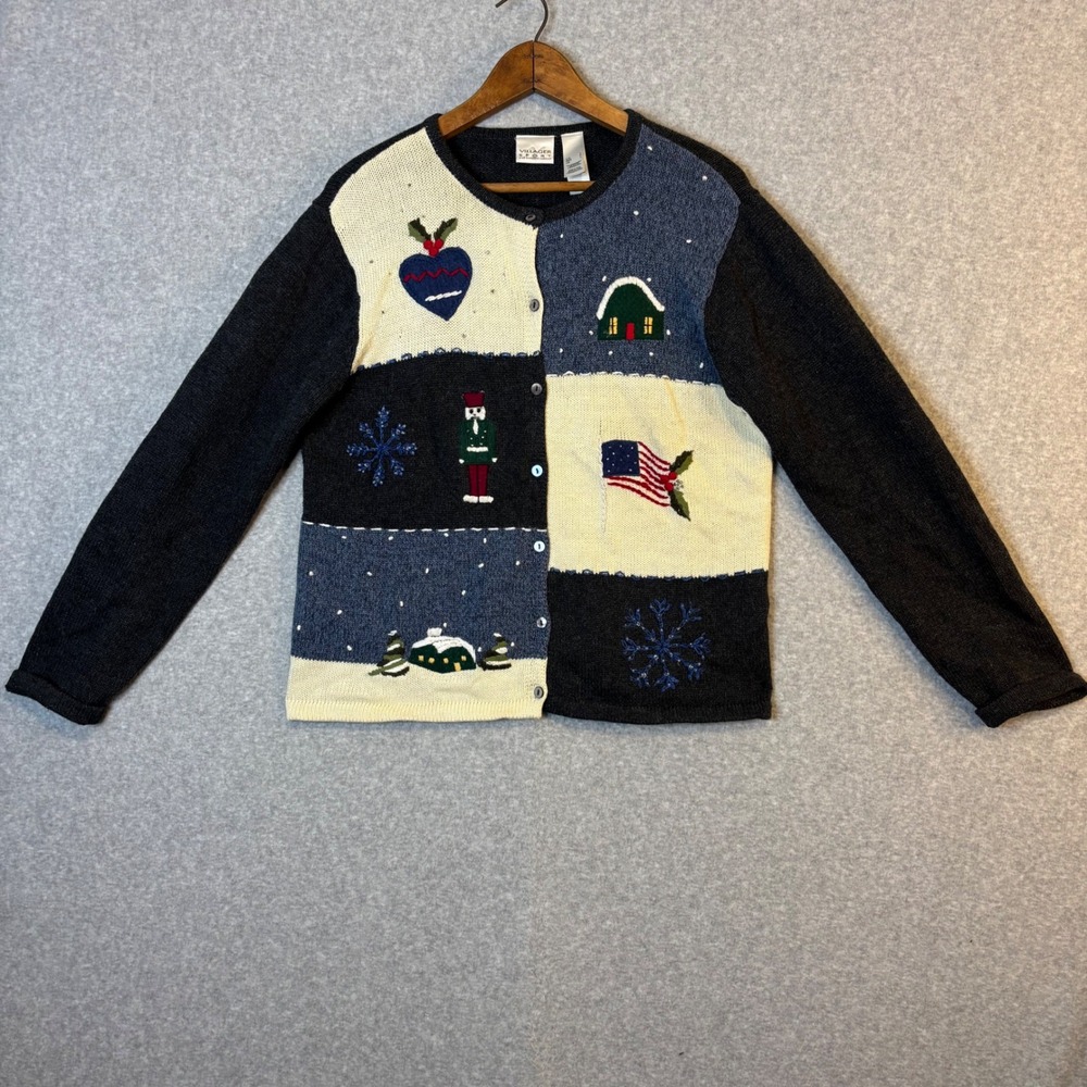 Villager Sport‎ Liz Claiborne Women's L Sweater Patchwork Christmas Nutcracker